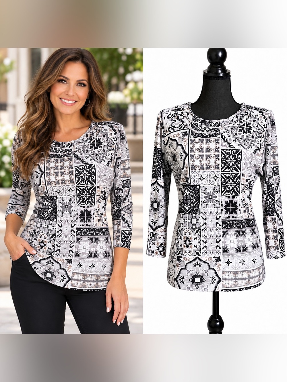 Alfred Dunner Patchwork 3/4 Sleeve Top Women’s Size Small Petite Grandmacore